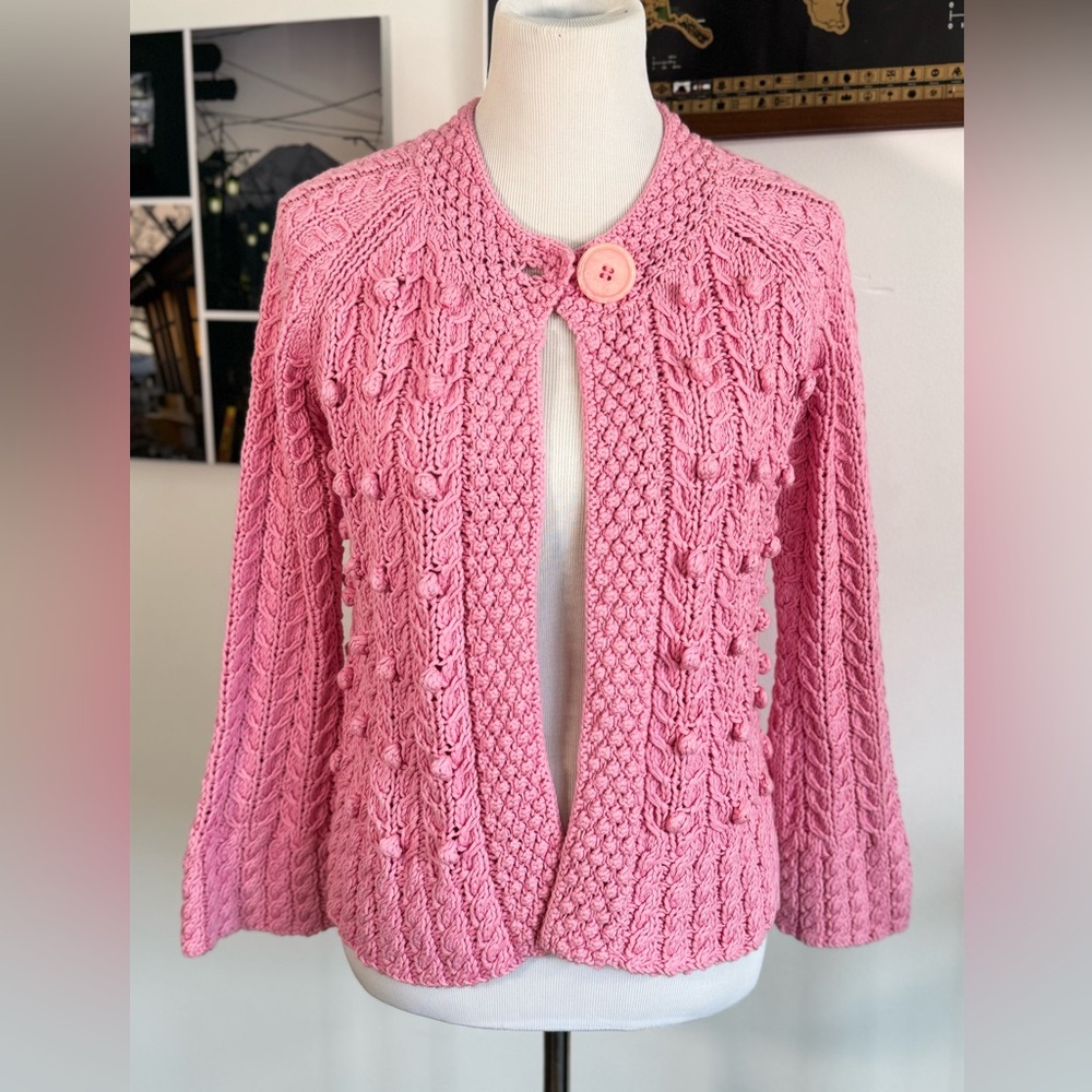 VTG Evie Pink Popcorn Knit Cardigan Sweater Size L 100% Cotton Cable Knit Bobble
